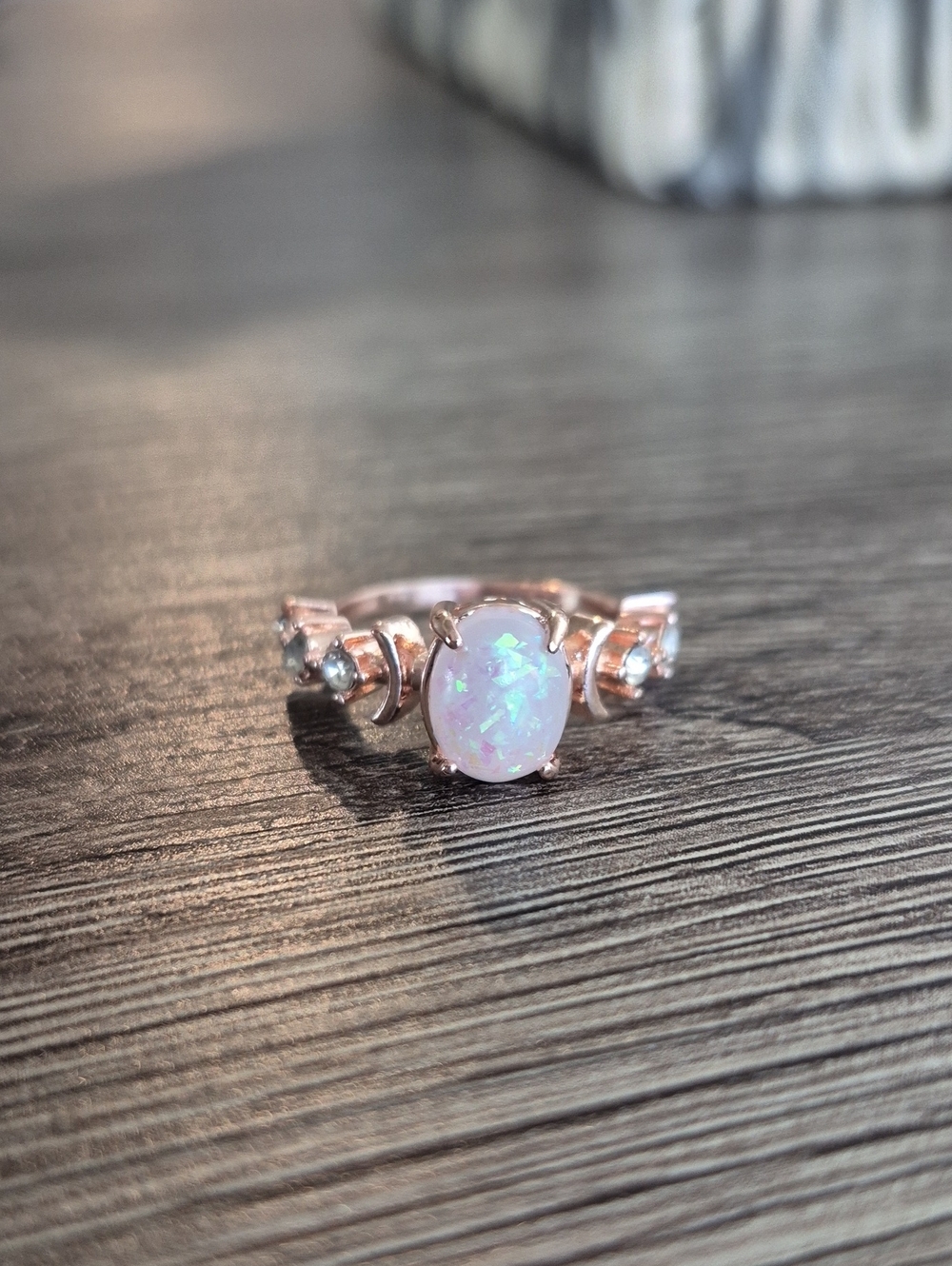 Rose Gold Opal Solitaire Ring with Accent Stones Womens Size 8